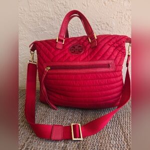 Tory Burch Red Quilted Nylon Tote Satchel w/ Crossbody Strap